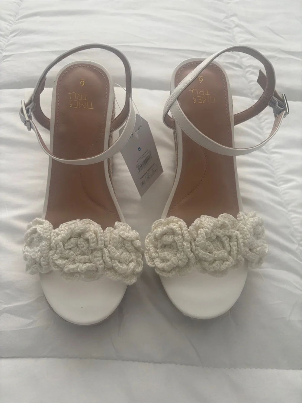 Time and Tru White Floral Crochet Wedge Sandals